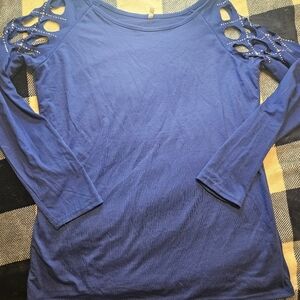 NWOT Unbranded Womens Blue Long Sleeve Top w/Jeweled Peek A Boo Shoulders Size L